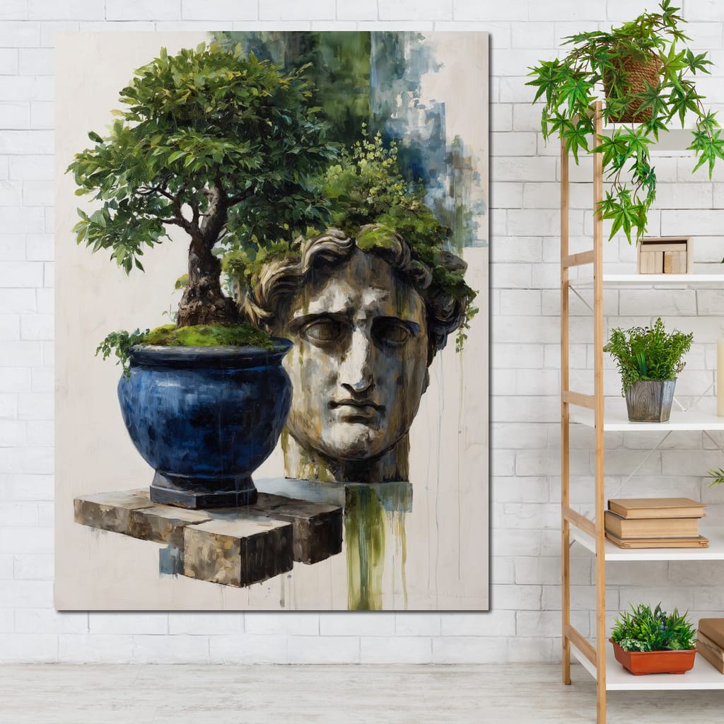Blue Urn And Stone Head Grove Canvas Wall Art