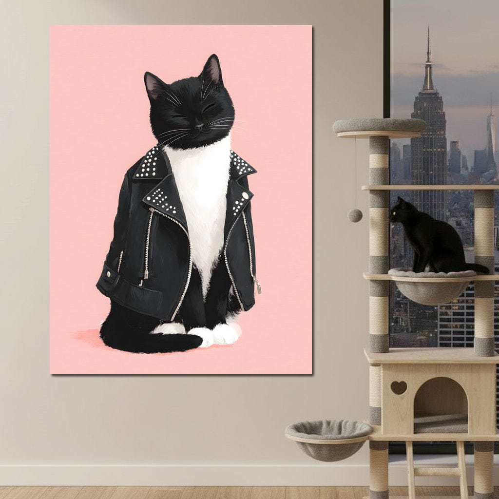 Biker Cat Attitude On Soft Pink Canvas Wall Art