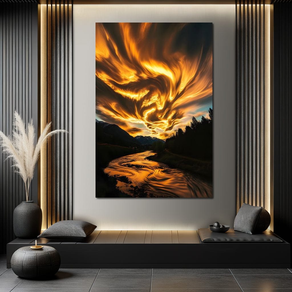 Golden Skies Over River Glow Canvas Wall Art