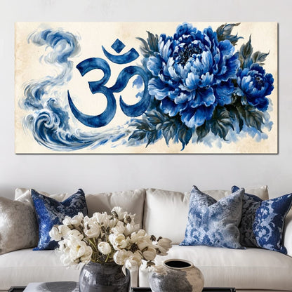 Om Blue Peony Meditation Mood Canvas Wall Art