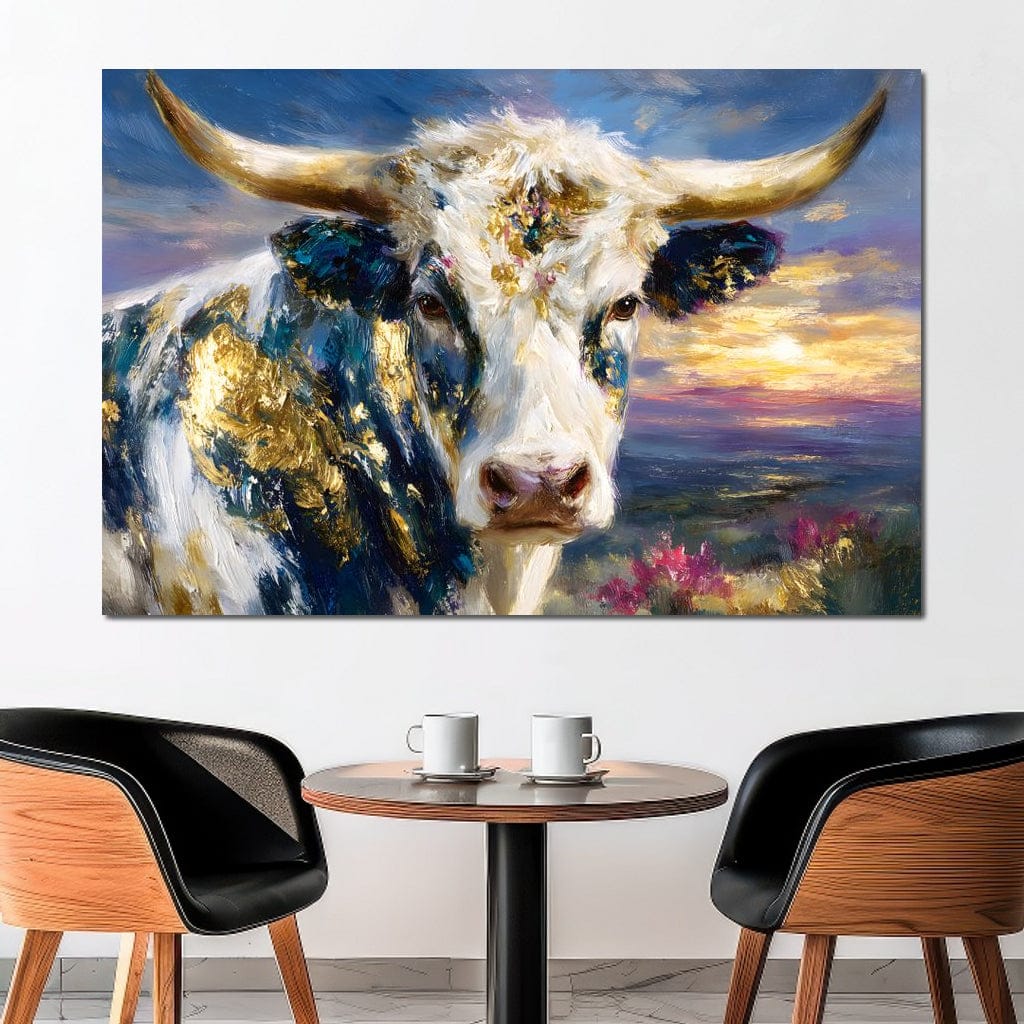 Golden Highland Cow Sunset Canvas Wall Art