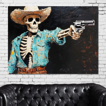 Cowboy Skeleton in Denim Canvas Wall Art