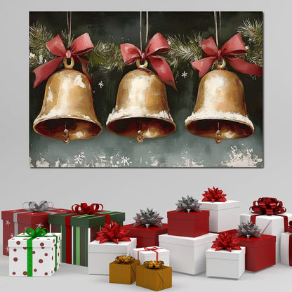 Snow Kissed Golden Holiday Bells Canvas Wall Art