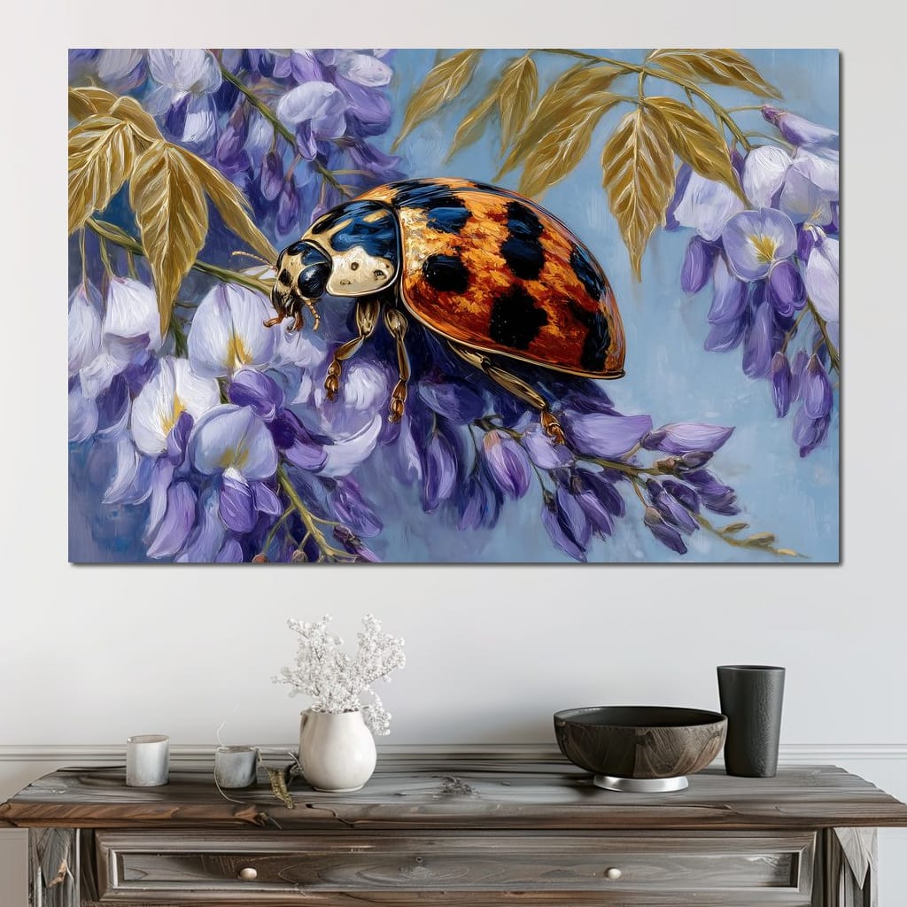 Ladybug On Wisteria Bloom Canvas Wall Art