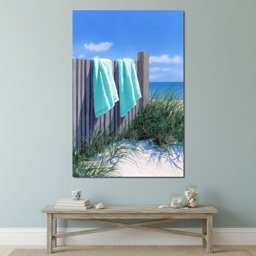 Coastal Towels On Dune Fence Canvas Wall Art