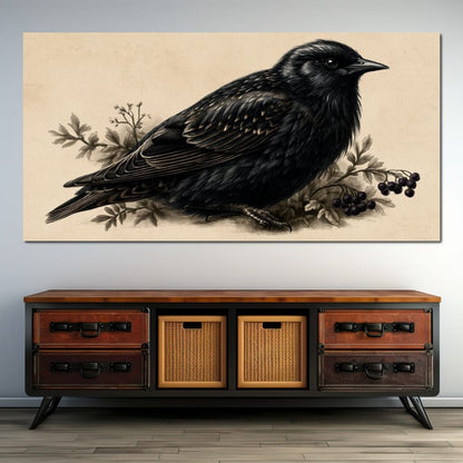 Solitary Starling Perched Upon Wild Berries Canvas Wall Art