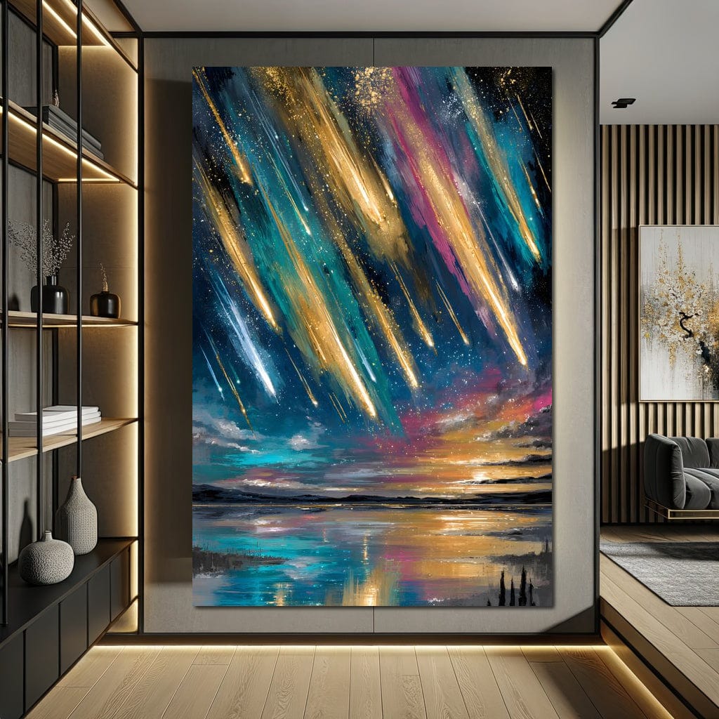 Golden Meteors Over Silent Lake Canvas Wall Art