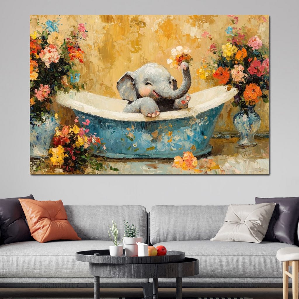 Elephant Joy in Floral Bath Canvas Wall Art