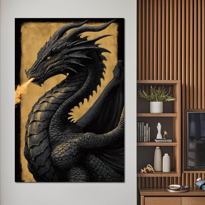 Golden Firebreath Dragon King Canvas Wall Art