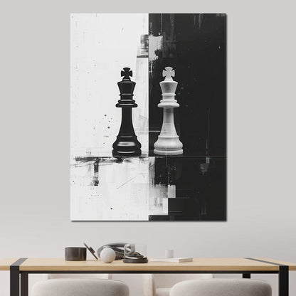 Strategic Chess Duel in Monochrome Canvas Wall Art