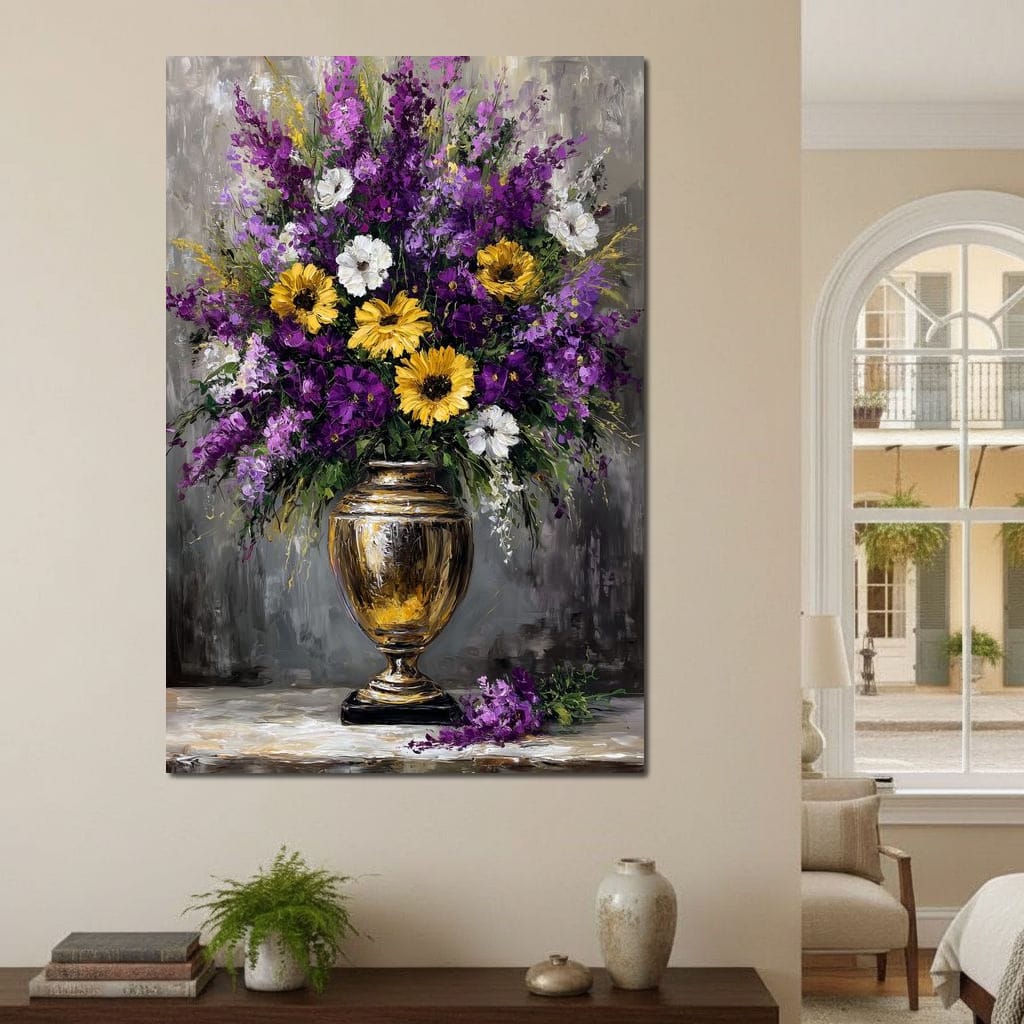 Golden Vase Violet Sunflowers Canvas Wall Art
