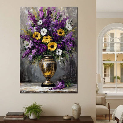 Golden Vase Violet Sunflowers Canvas Wall Art
