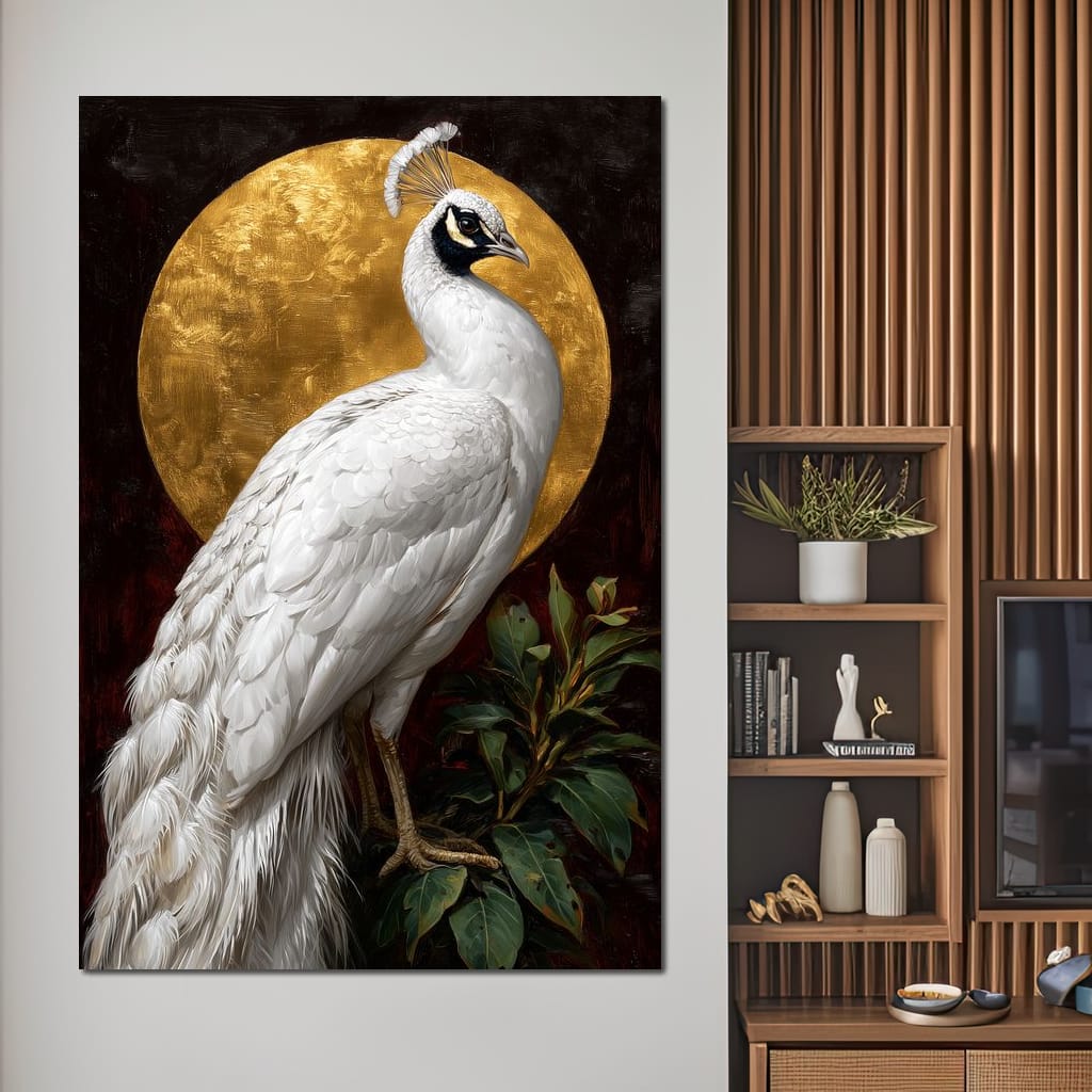 Golden Halo White Peacock Pose Canvas Wall Art
