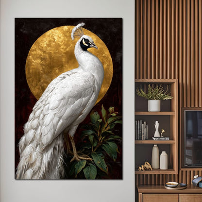 Golden Halo White Peacock Pose Canvas Wall Art