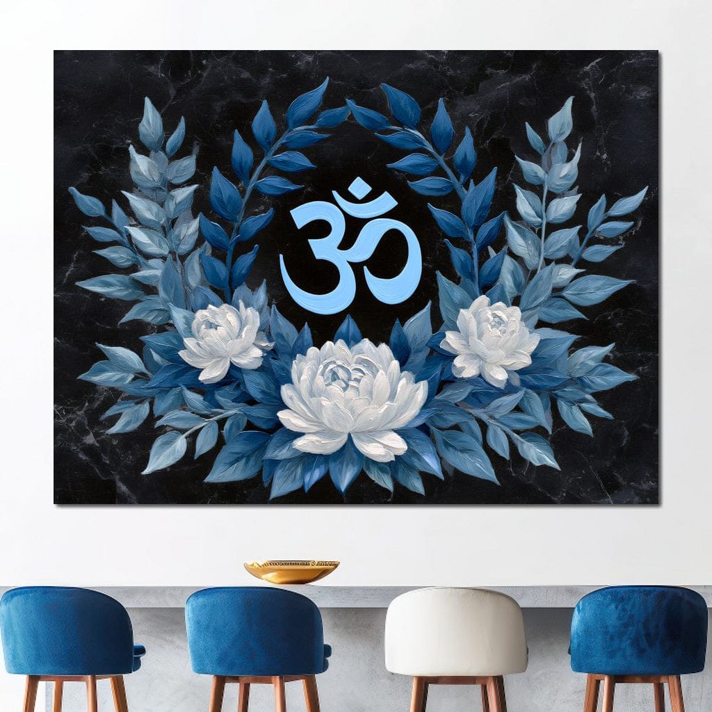 Om Symbol Blue Lotus Wreath Canvas Wall Art