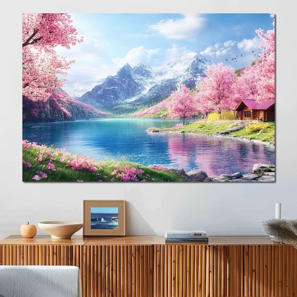 Cherry Blossom Alpine Retreat Canvas Wall Art