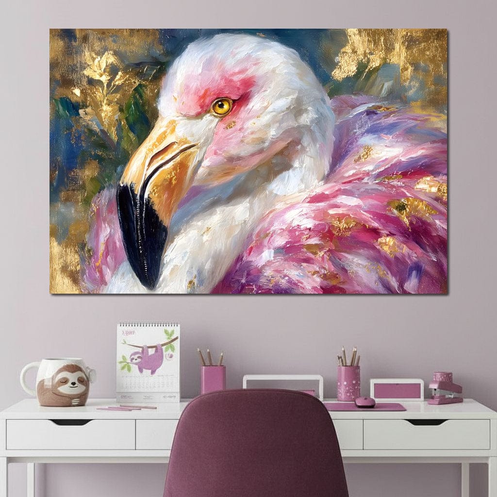 Golden Pink Flamingo Portrait Canvas Wall Art