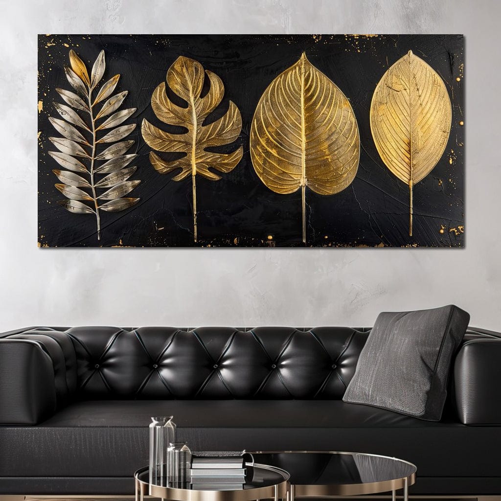 Golden Leaves on Black Background Canvas Wall Art
