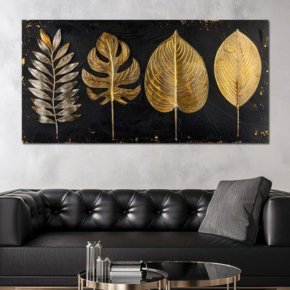 Golden Leaves on Black Background Canvas Wall Art