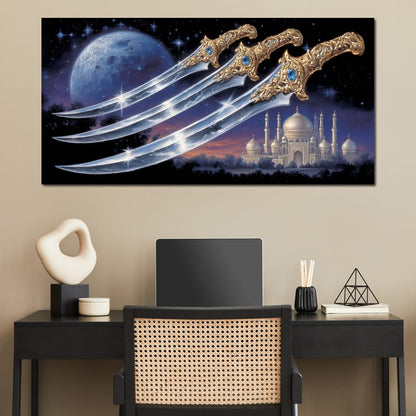 Moonlit Blades Over Golden Palace Canvas Wall Art