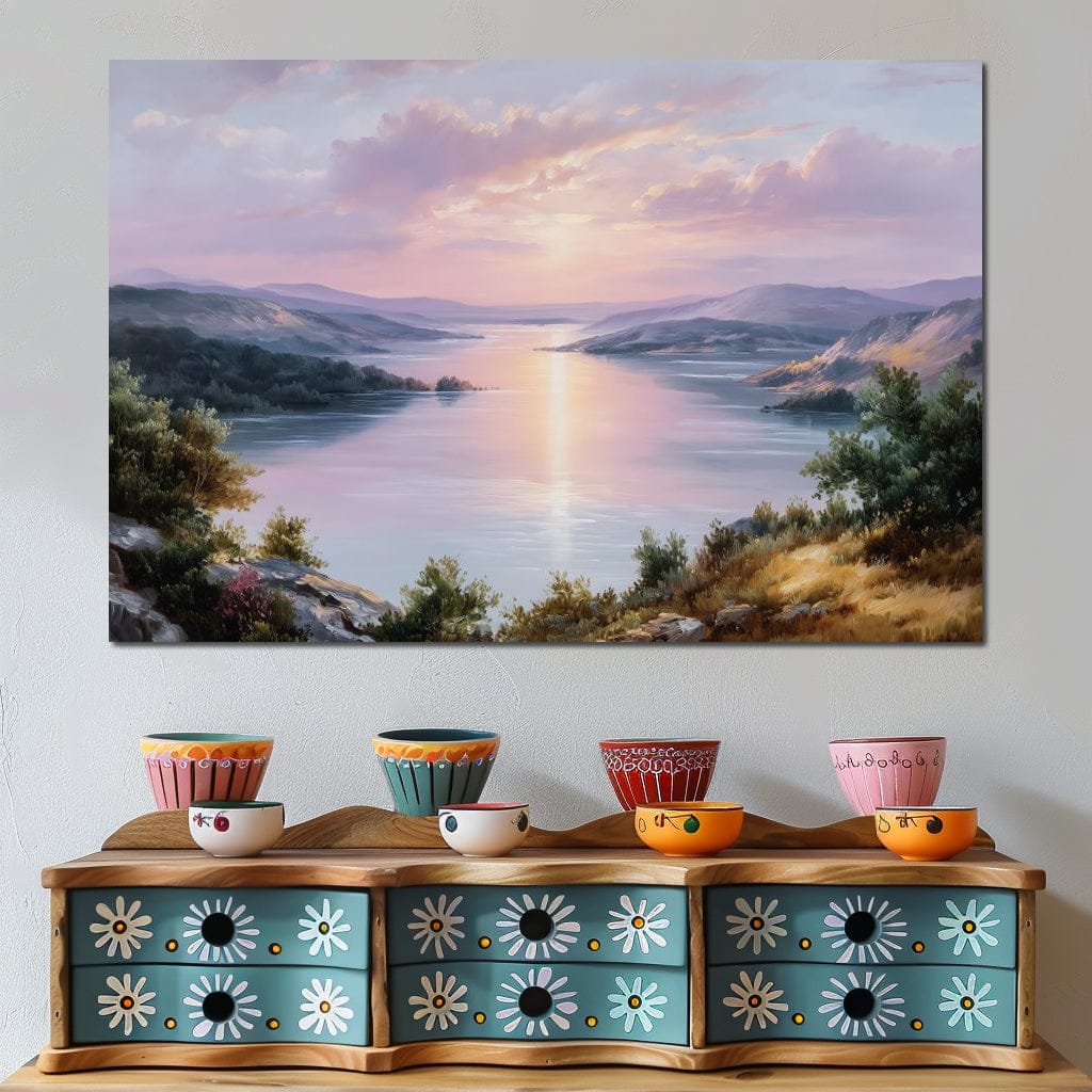 Pastel Sunrise Over Lake Fjord Canvas Wall Art