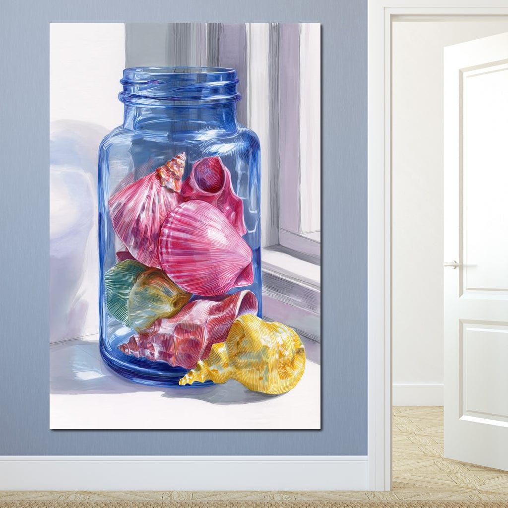 Seashells Jar Sunlit Window Canvas Wall Art