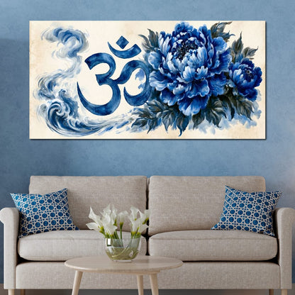 Om Blue Peony Meditation Mood Canvas Wall Art