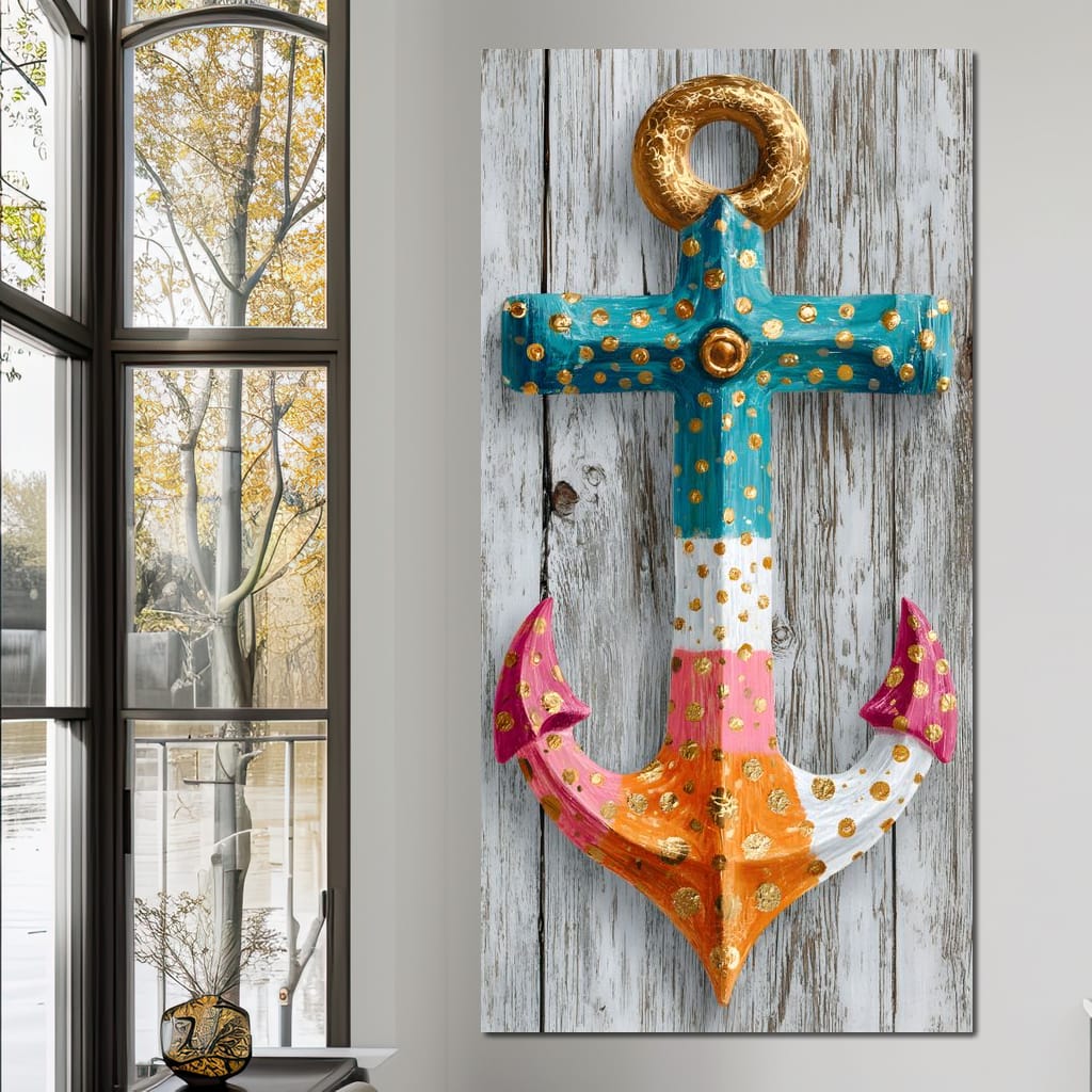 Golden Dotted Nautical Anchor Canvas Wall Art