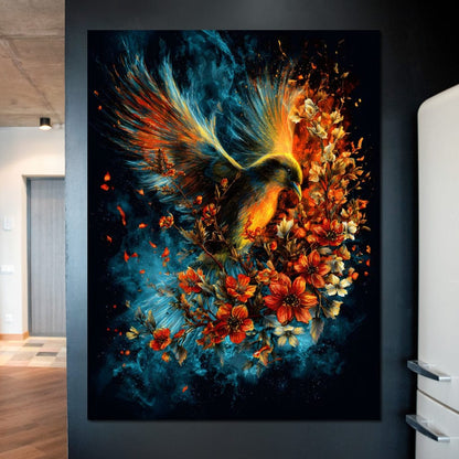 Flaming Phoenix Floral Burst Canvas Wall Art