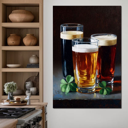 Stout Ale Lager With Shamrocks Canvas Wall Art