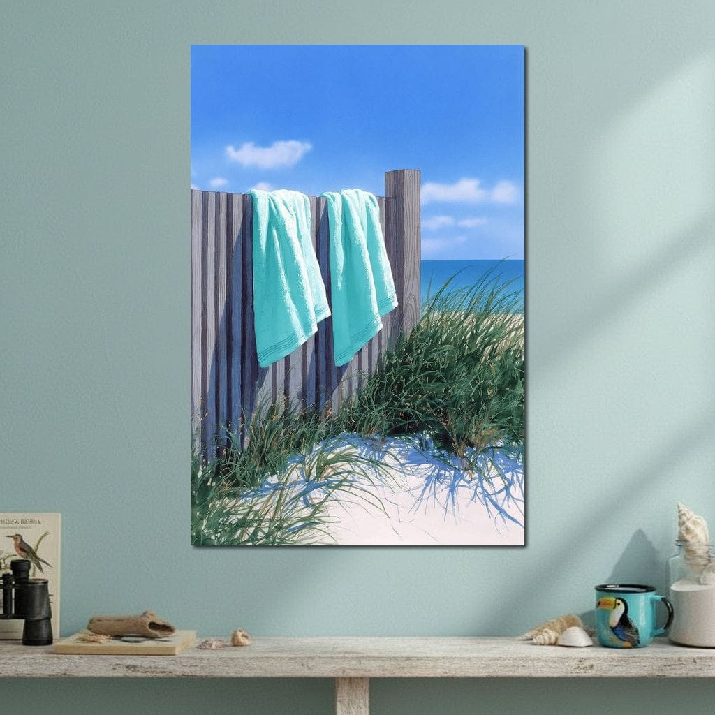 Coastal Towels On Dune Fence Canvas Wall Art