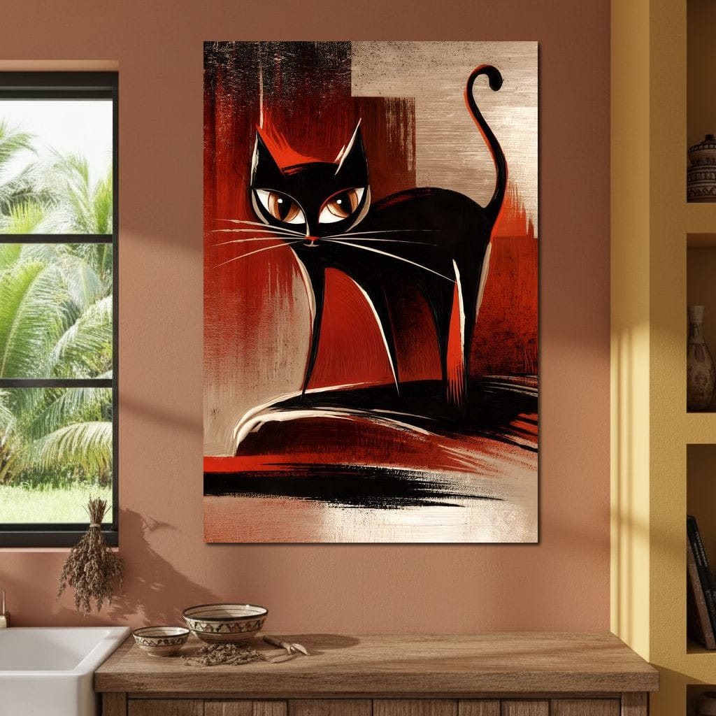 Mid Century Black Cat Stare Canvas Wall Art