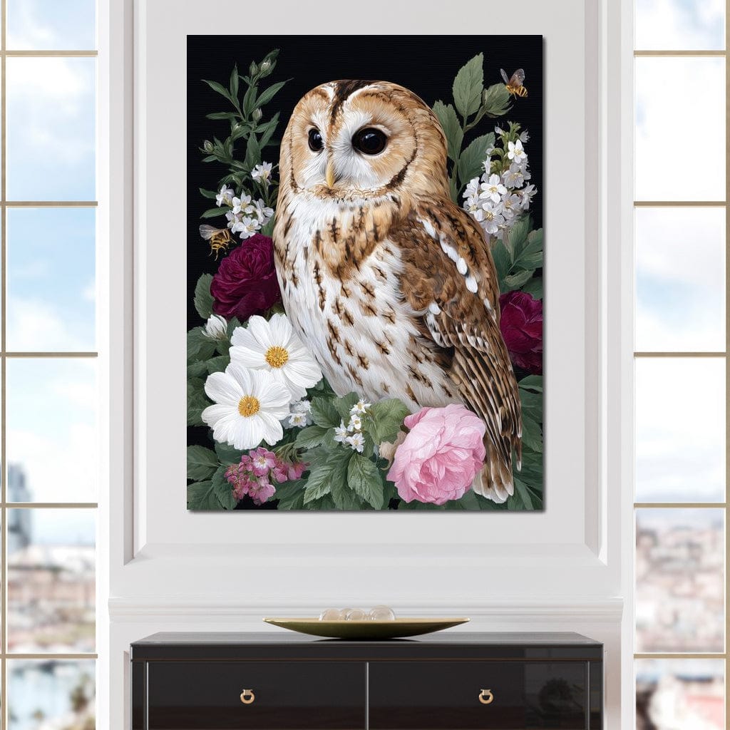 Barn Owl Floral Night Garden Canvas Wall Art