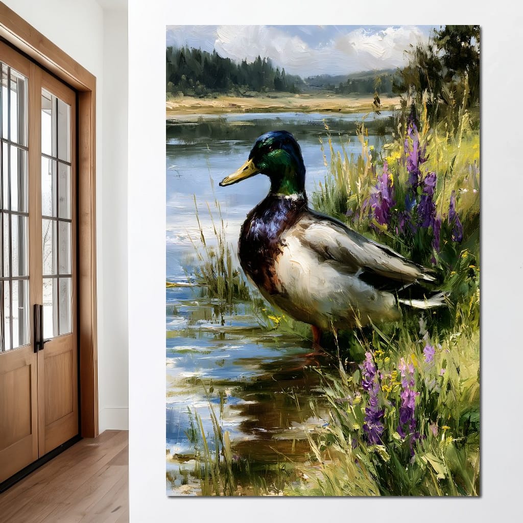 Solitary Mallard By The Still Shore Canvas Wall Art
