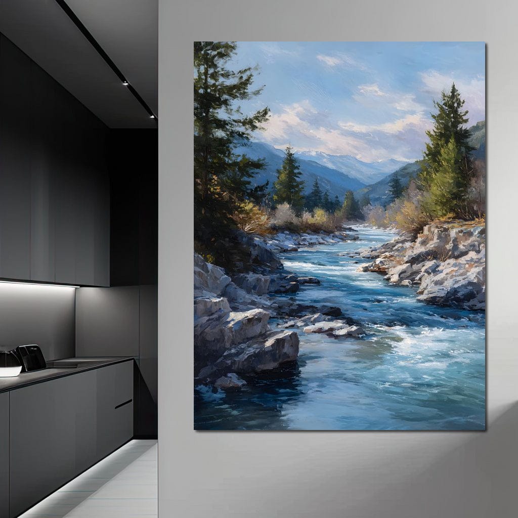 Alpine River Through Pines Canvas Wall Art
