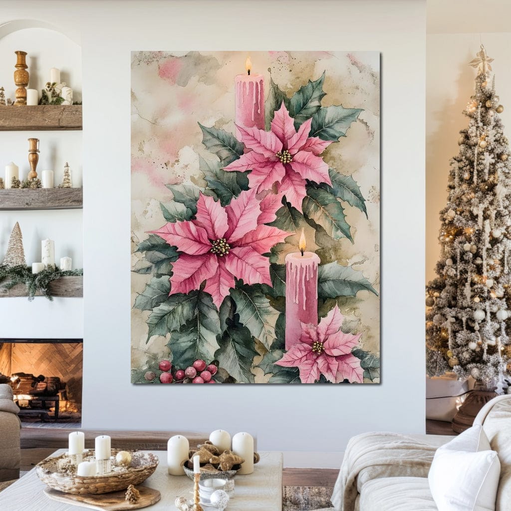 Festive Poinsettia Candle Glow Canvas Wall Art