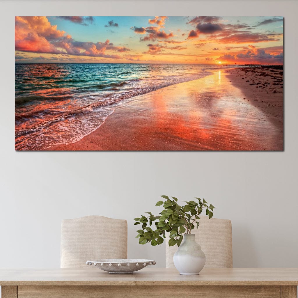 Sunset Over an Ocean Beach Shore Canvas Wall Art