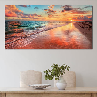 Sunset Over an Ocean Beach Shore Canvas Wall Art