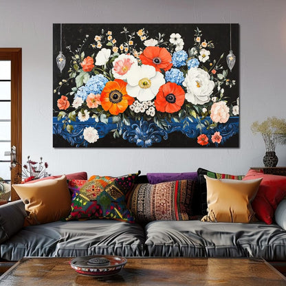 Floral Symphony on Midnight Canvas Wall Art