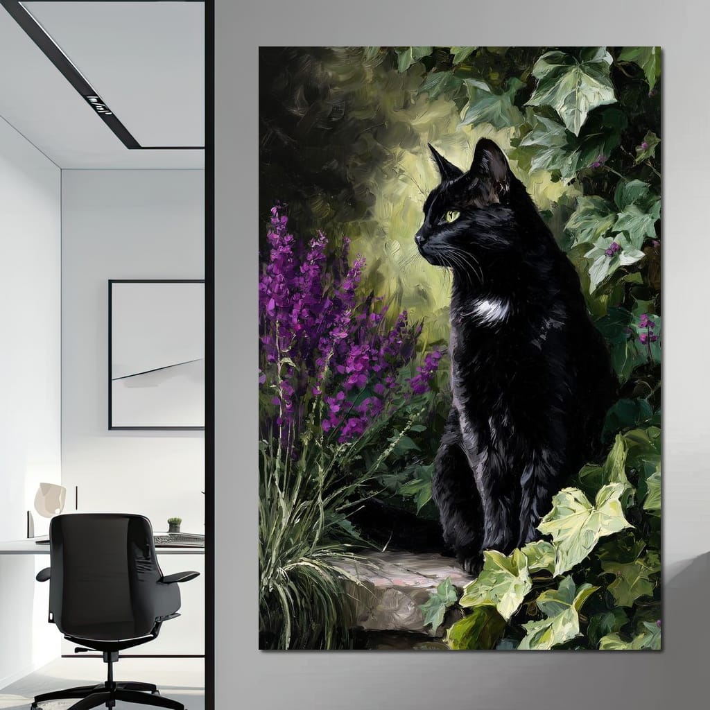Black Cat Garden Sentinel Canvas Wall Art
