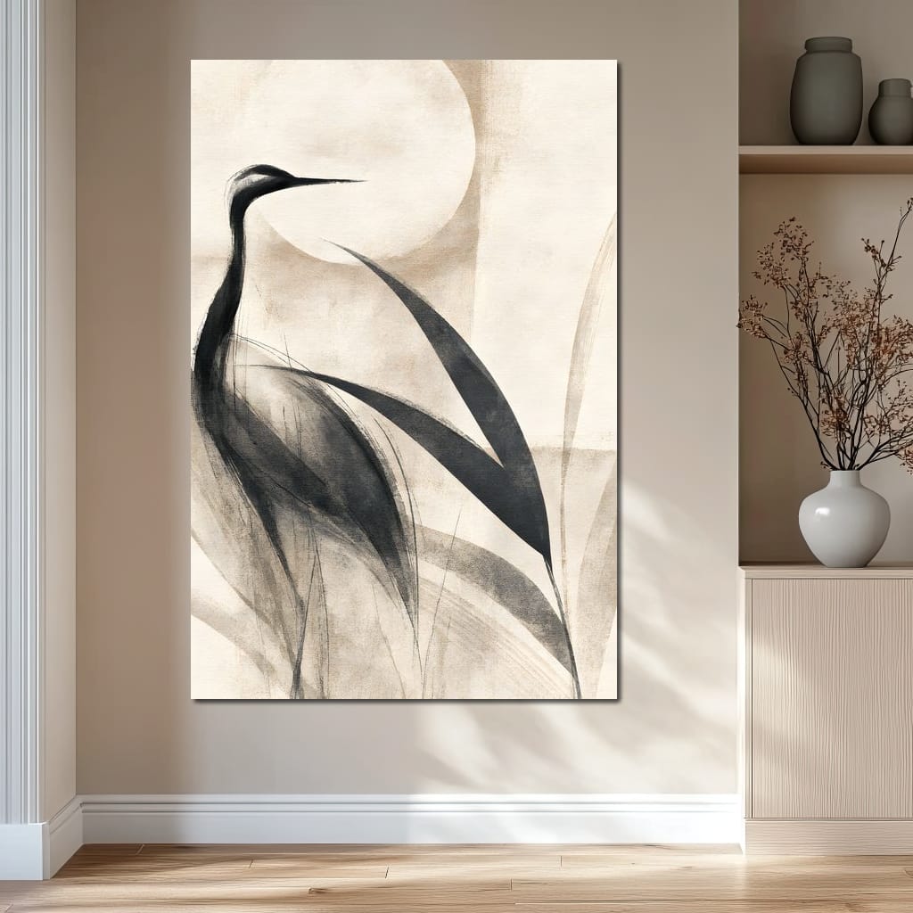 Lone Crane Watching The Pale Disc Canvas Wall Art