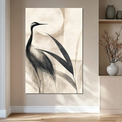 Lone Crane Watching The Pale Disc Canvas Wall Art