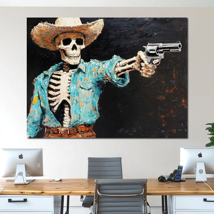 Cowboy Skeleton in Denim Canvas Wall Art