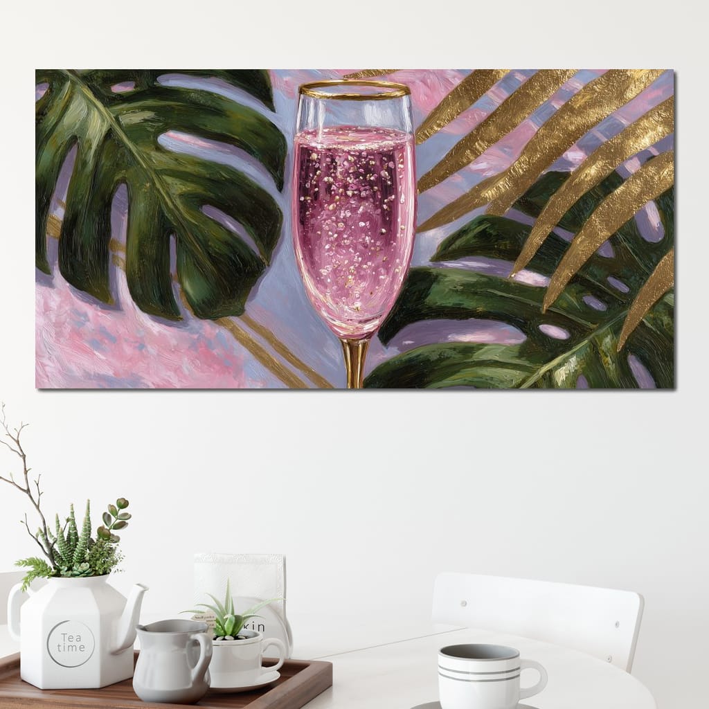 Pink Fizz Gold Palm Soiree Canvas Wall Art
