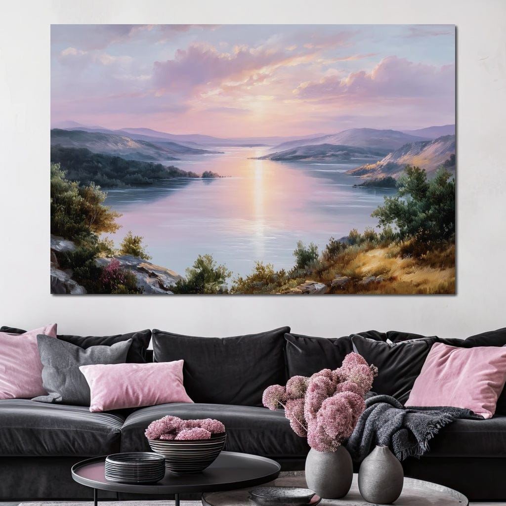 Pastel Sunrise Over Lake Fjord Canvas Wall Art