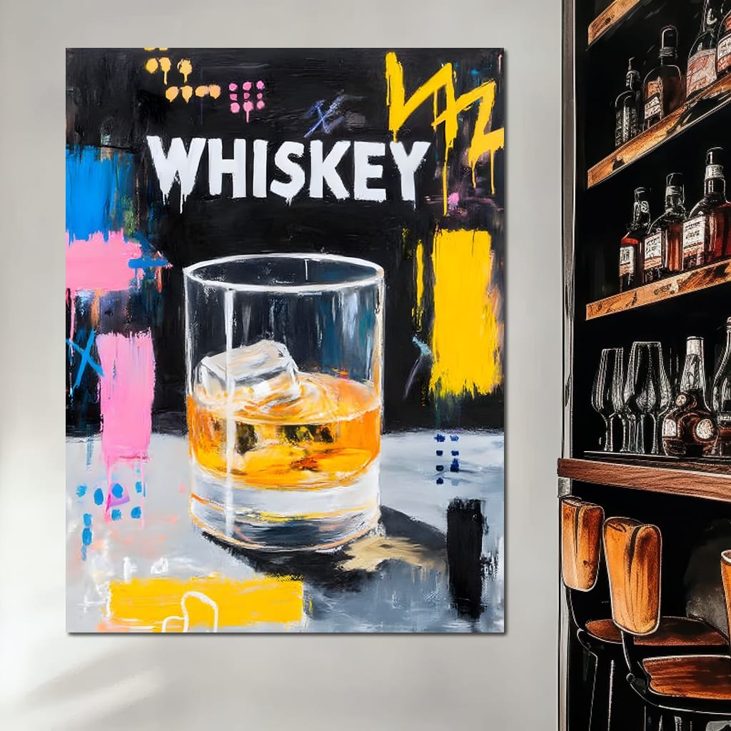 Neon Whiskey On The Rocks Canvas Wall Art