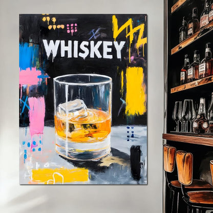 Neon Whiskey On The Rocks Canvas Wall Art