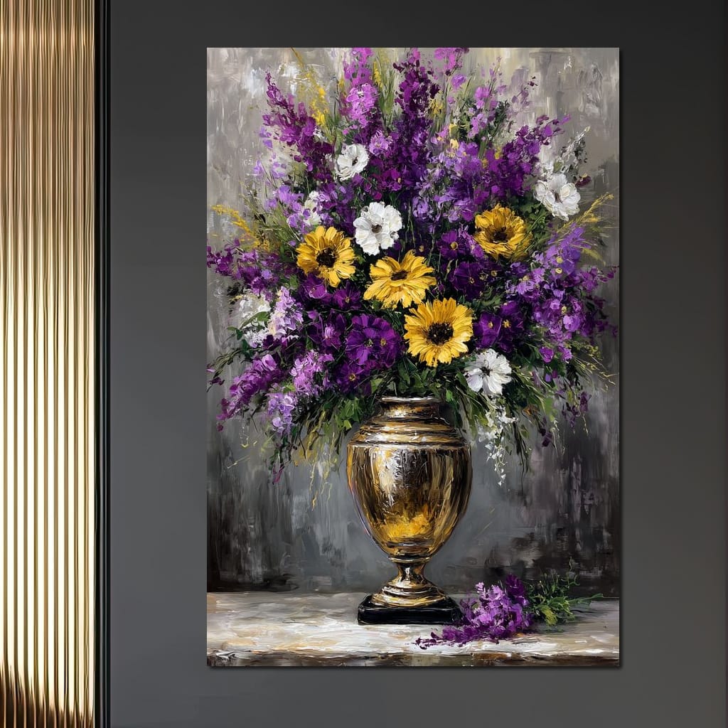 Golden Vase Violet Sunflowers Canvas Wall Art
