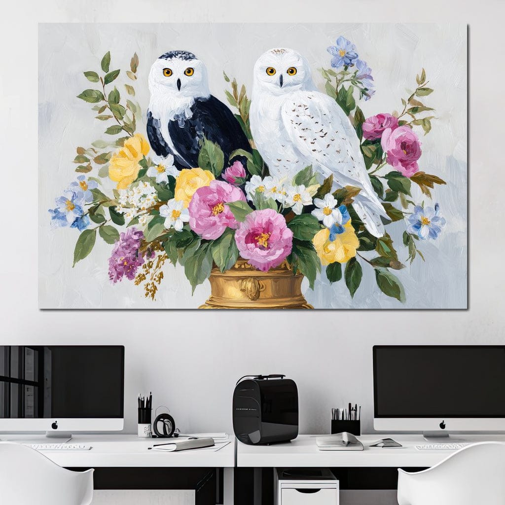 Snowy Owls Floral Canvas Wall Art