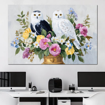 Snowy Owls Floral Canvas Wall Art